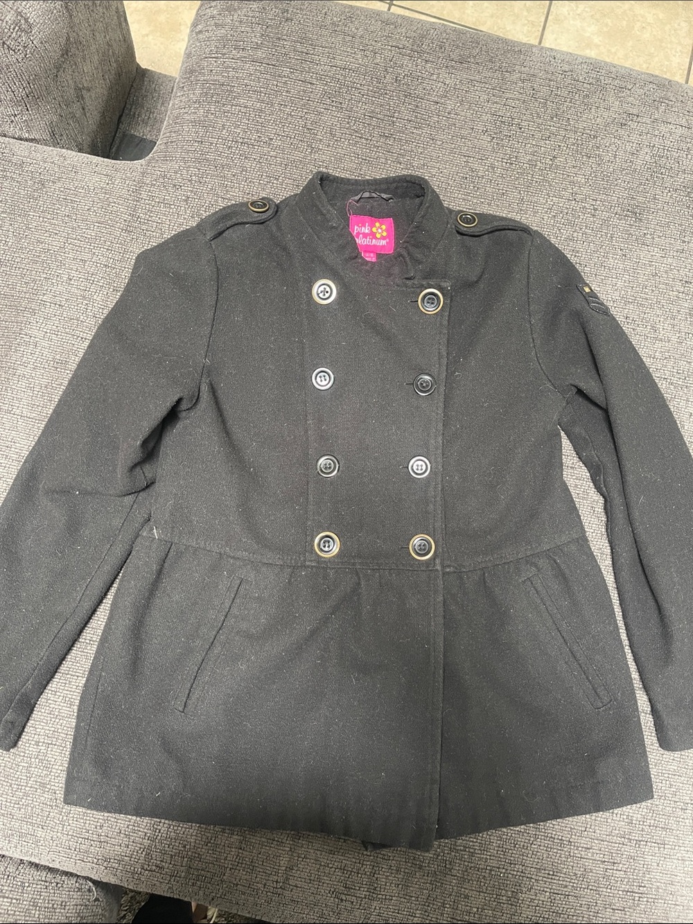 Pink Platinum Black Double-Breasted Peacoat with Epaulets